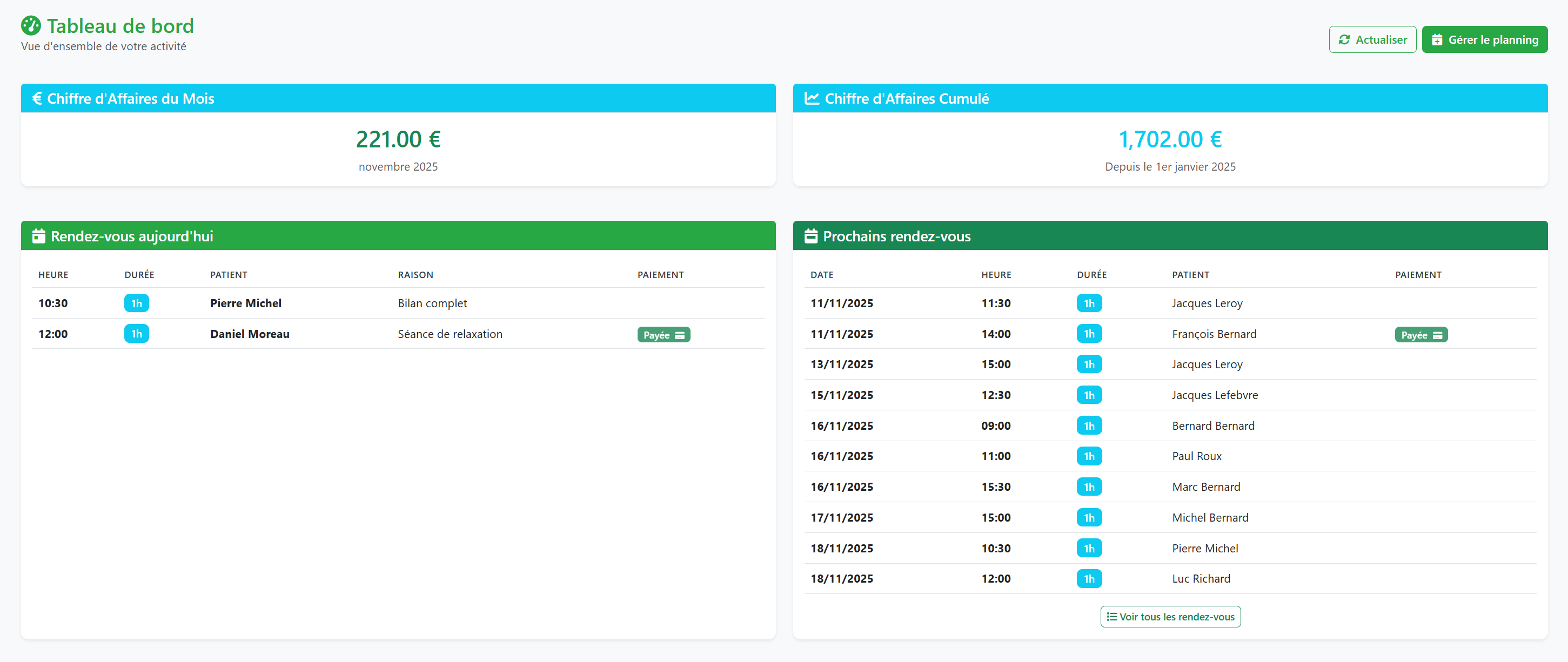 Tableau de bord cabinet-en-ligne.fr pour cabinet de psychologie